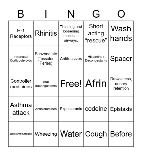 Respiratory Bingo Card