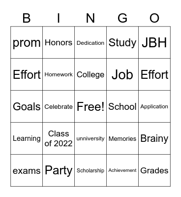 Hannah's Grad Bingo Card