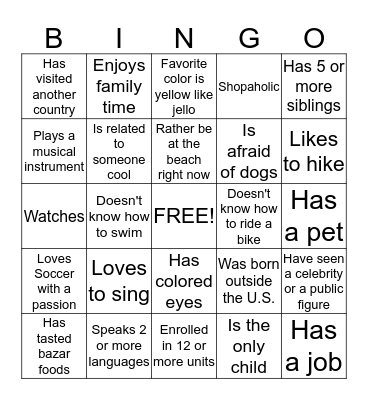 Icebreaker Bingo Card