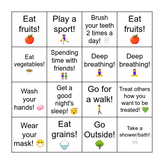 Healthy Habits Bingo Card