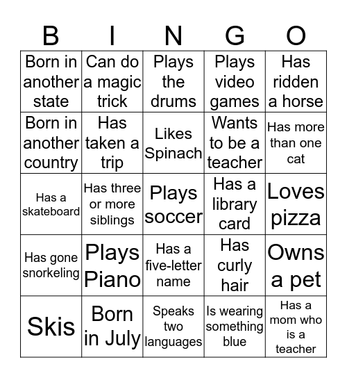 Getting to Know You Bingo Card