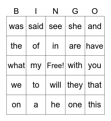 Sight Words Bingo Card
