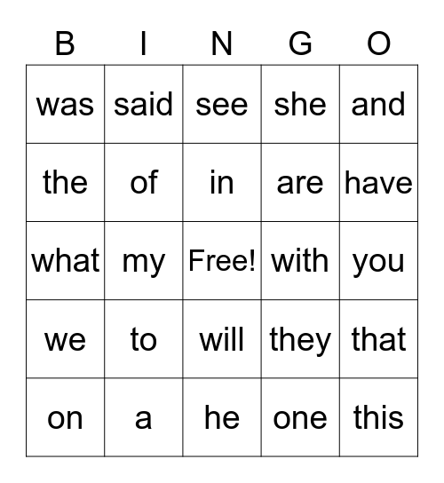 Sight Words Bingo Card