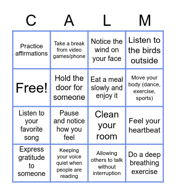 Mindful Bingo Card