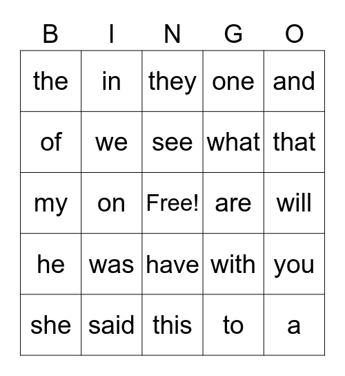 Sight Words Bingo Card