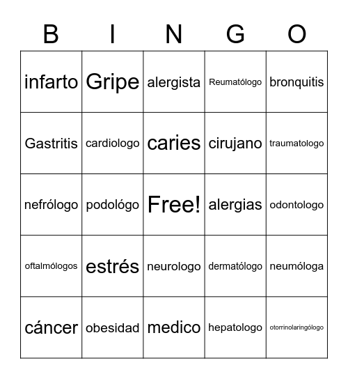 Especialistas/los padecimientos Bingo Card