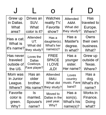 JLD Get To Know You BINGO! Bingo Card