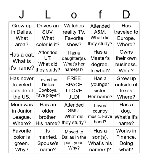 JLD Get To Know You BINGO! Bingo Card