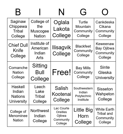 Tribal Colleges Bingo Card
