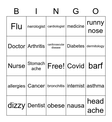 (words meant to be pronounced in Spanish and they have to find the word in English)Illness, symptoms and medical professions. Bingo Card