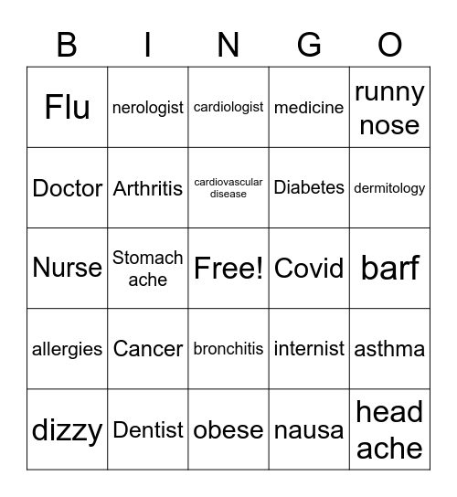 (words meant to be pronounced in Spanish and they have to find the word in English)Illness, symptoms and medical professions. Bingo Card