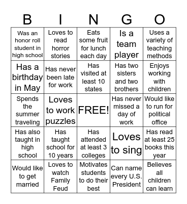 Getting to Know You Bingo Card