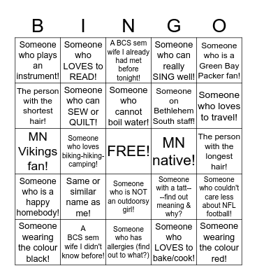 LADIES' NIGHT OUT, GETTING TO KNOW YOU BINGO CARD! Bingo Card