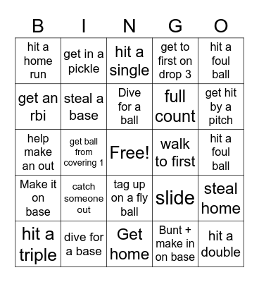 varsity softball game bingo Card