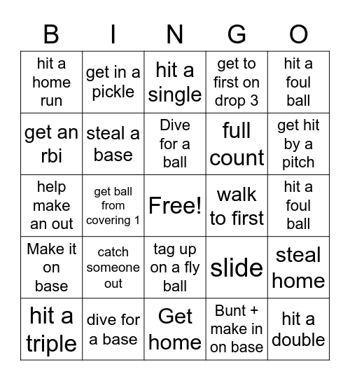 varsity softball game bingo Card