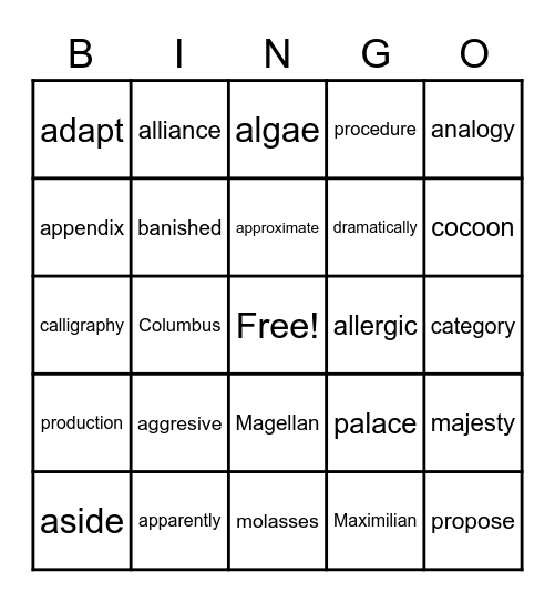 National Reading Vocabulary Week 23 Bingo Card