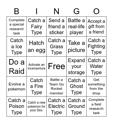 Pokemon GO BINGO Card Bingo Card