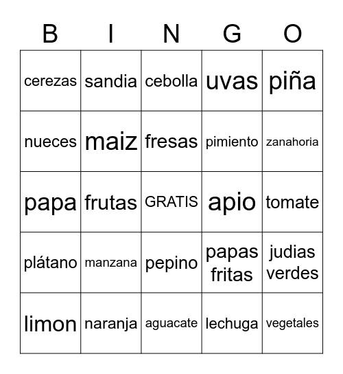 Frutas y Vegetales Bingo Card
