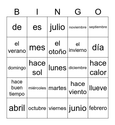 Days, Months, Seasons, Weather Bingo Card