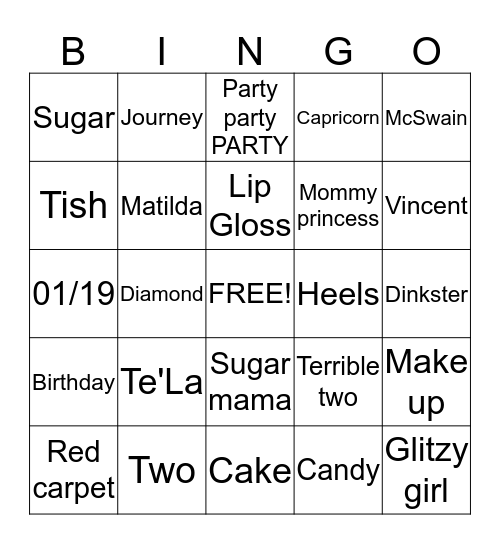 Glitzy Girl Bingo Card