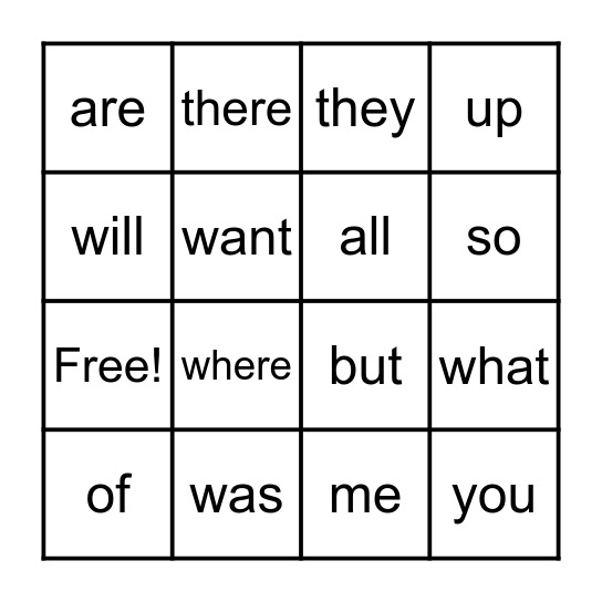 Sight Words Bingo Card