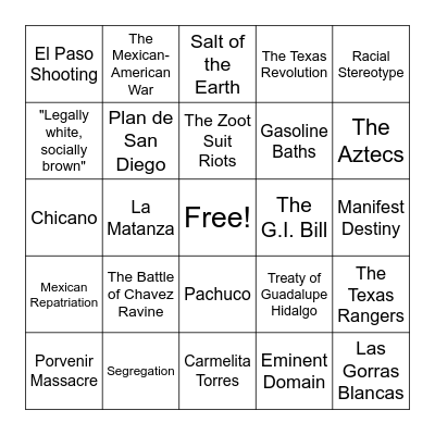 Chicano Studies Bingo! Bingo Card