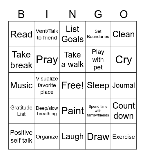 Coping Skills Bingo Card