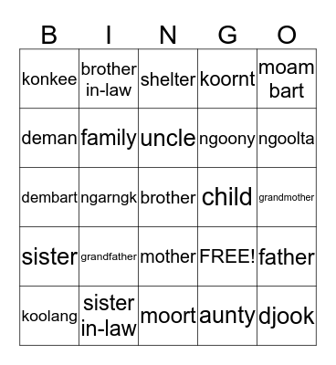 Aboriginal Families (Noongar Language)   Bingo Card