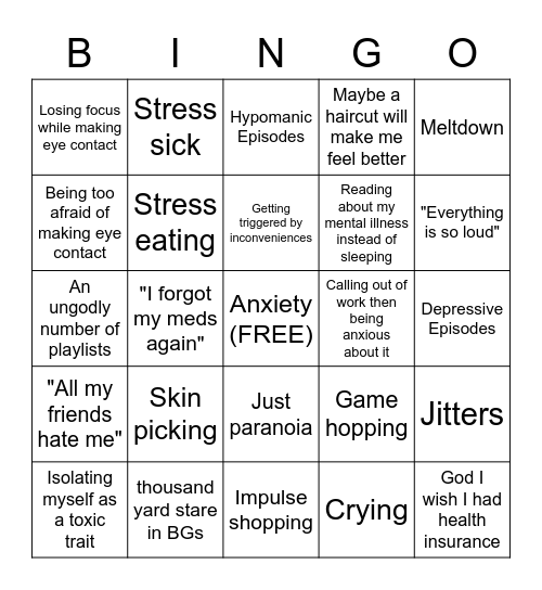 Cory's Mental Health Bingo Card