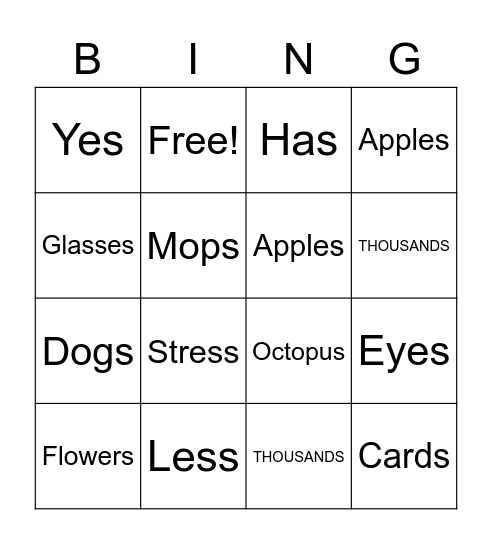 Plural Prefix 'S' Words Bingo Card