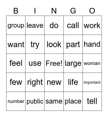 Common verbs,noun, adjectives Bingo Card
