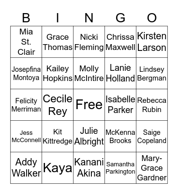 American Girl Bingo Card