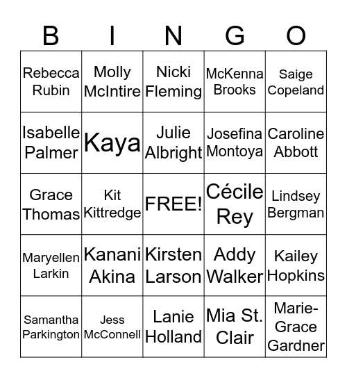 American Girl Bingo Card