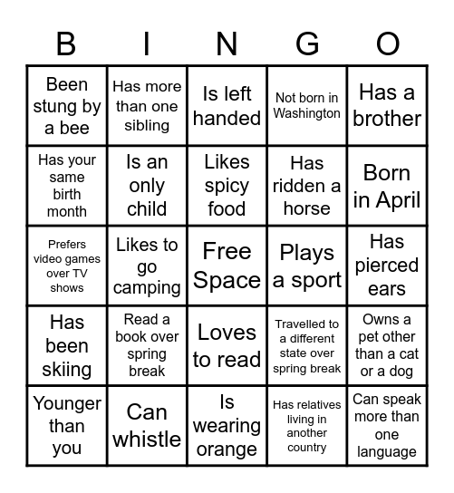 Classmate Bingo Card