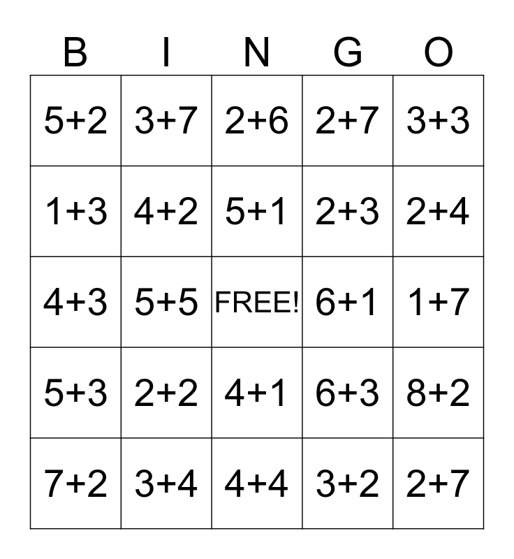1st Grade Addition Bingo Card