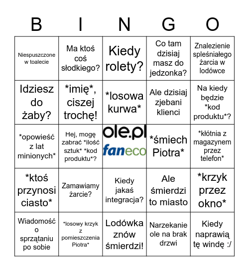 FanecOle Bingo tygodniowe Bingo Card