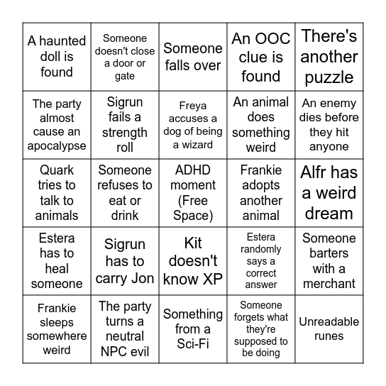 Newerth DnD Bingo Card