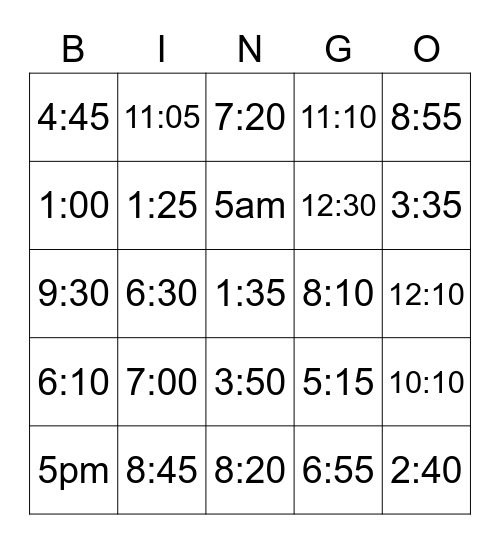 Time of Day Bingo Card