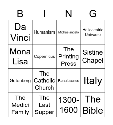 Renaissance Bingo Card