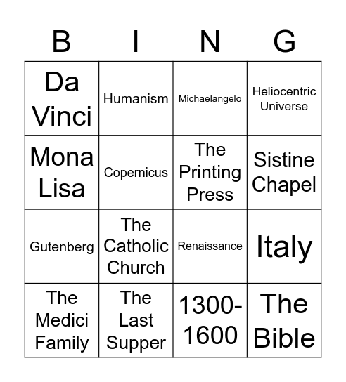 Renaissance Bingo Card
