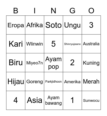 Bingo ryujin Bingo Card