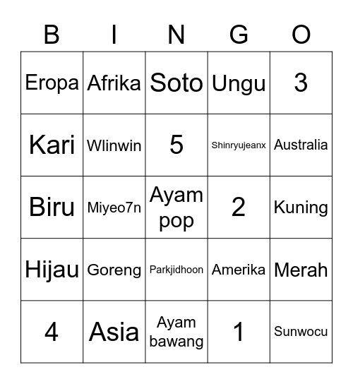 Bingo ryujin Bingo Card