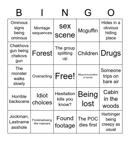 Cliche Horror Movie Bingo Card