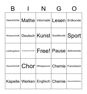 Schulfächer Bingo Card