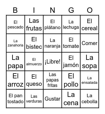 5th Grade --- Food Bingo Card