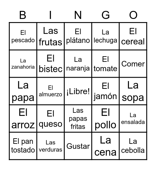 5th Grade --- Food Bingo Card