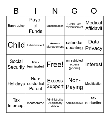Child Support Bingo Card
