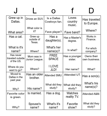 JLD Get To Know You BINGO! Bingo Card