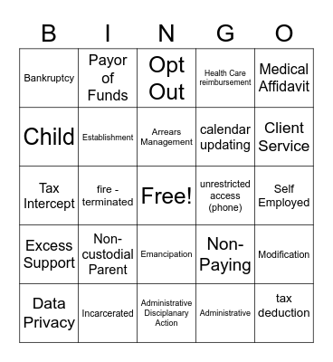 Child Support Bingo Card