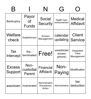 Child Support Bingo Card